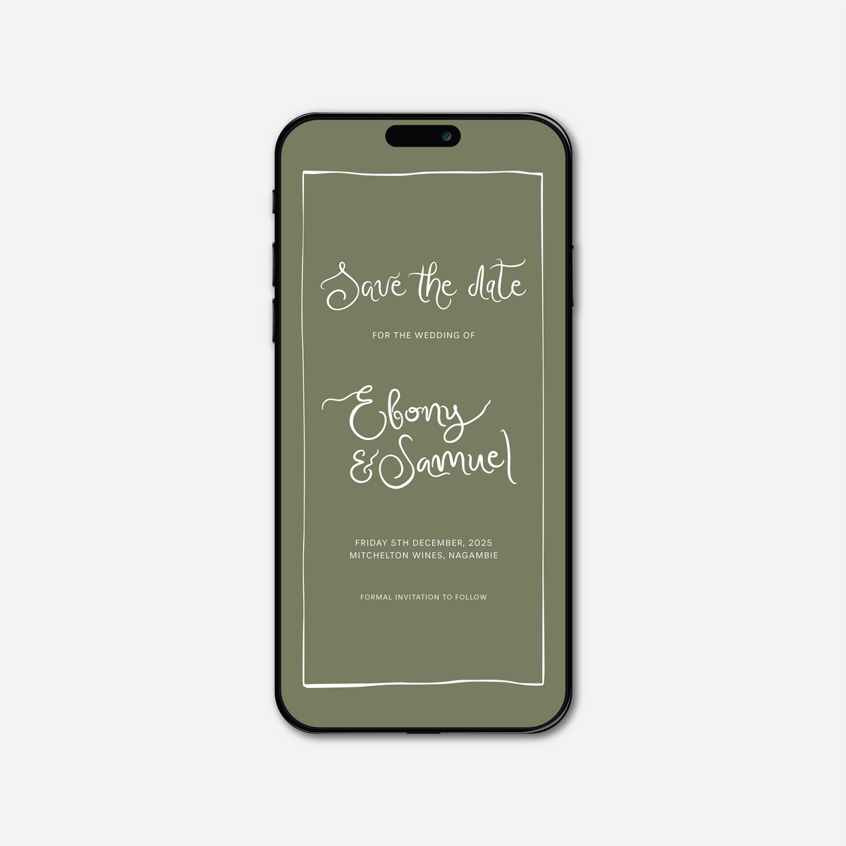 Digital save the date card (Whimsical-style) in Sage Green — Just Hitched