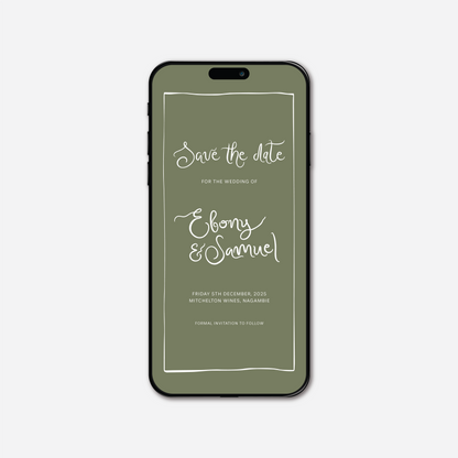 Digital save the date card (Whimsical-style) in Sage Green — Just Hitched