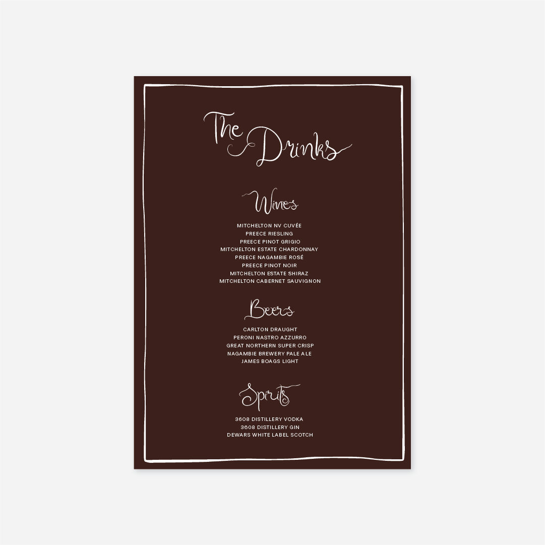Whimsical wedding drinks menu wedding stationery in Chocolate — Just Hitched