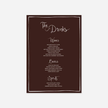 Whimsical wedding drinks menu wedding stationery in Chocolate — Just Hitched