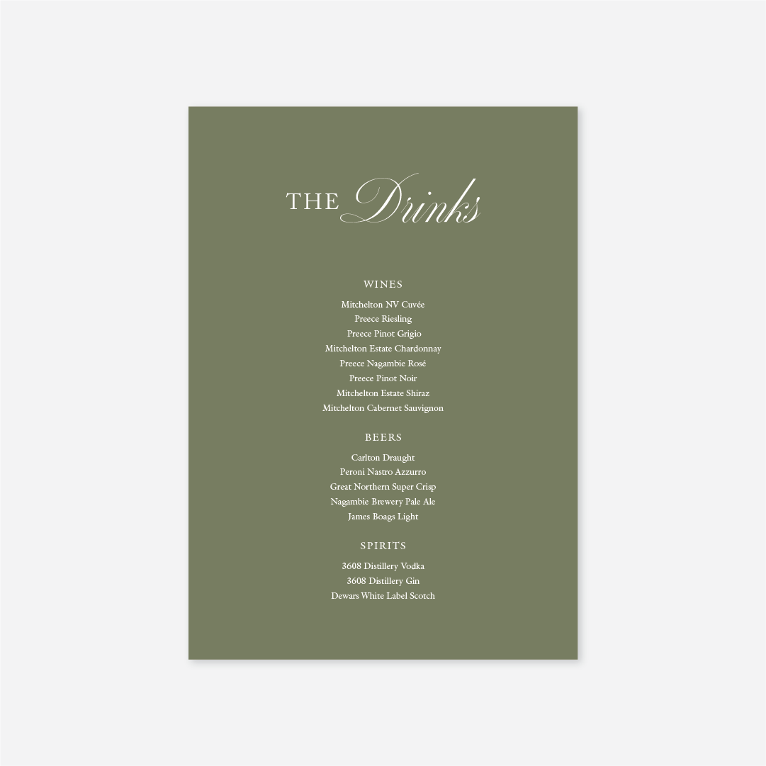 Classic wedding drinks menu wedding stationery in Sage — Just Hitched