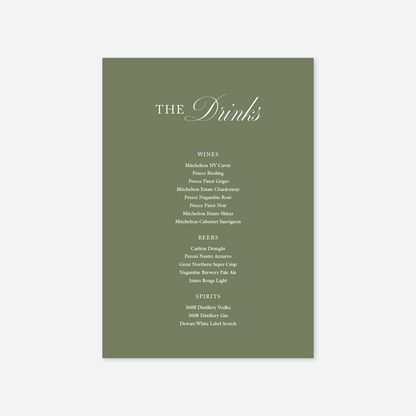 Classic wedding drinks menu wedding stationery in Sage — Just Hitched
