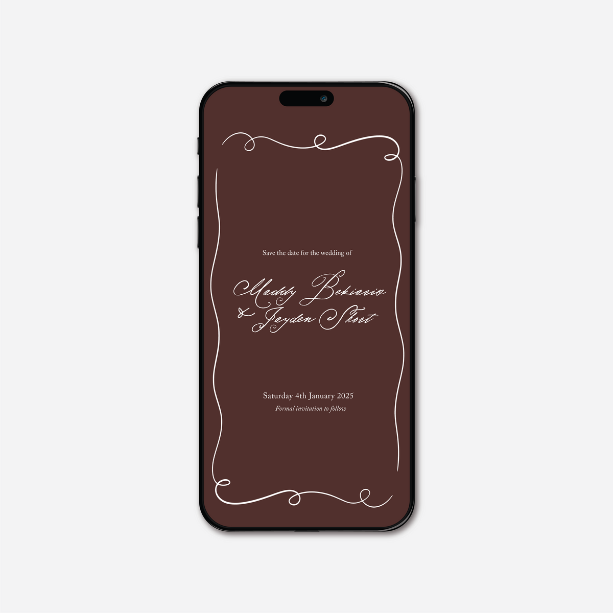 Digital save the date card (Elegance-style) in Chocolate Brown — Just Hitched