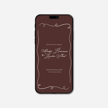 Digital save the date card (Elegance-style) in Chocolate Brown — Just Hitched