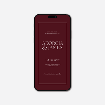 Digital save the date card (Romance-style) in Burgundy — Just Hitched