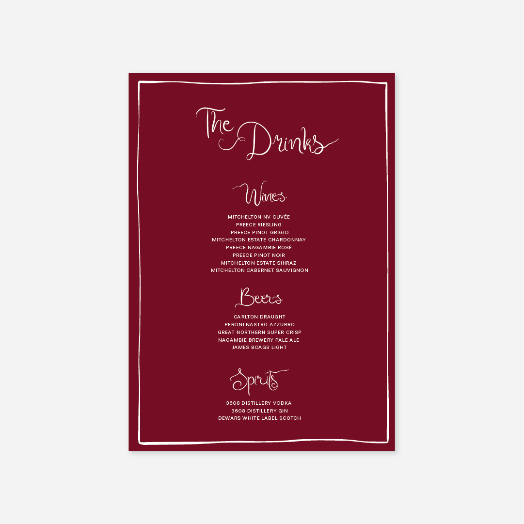 Whimsical wedding drinks menu wedding stationery in Cherry — Just Hitched