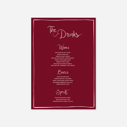 Whimsical wedding drinks menu wedding stationery in Cherry — Just Hitched