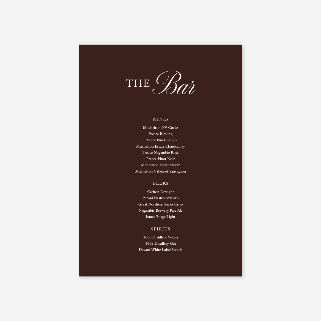 Classic wedding bar menu wedding stationery in Chocolate — Just Hitched