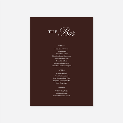 Classic wedding bar menu wedding stationery in Chocolate — Just Hitched