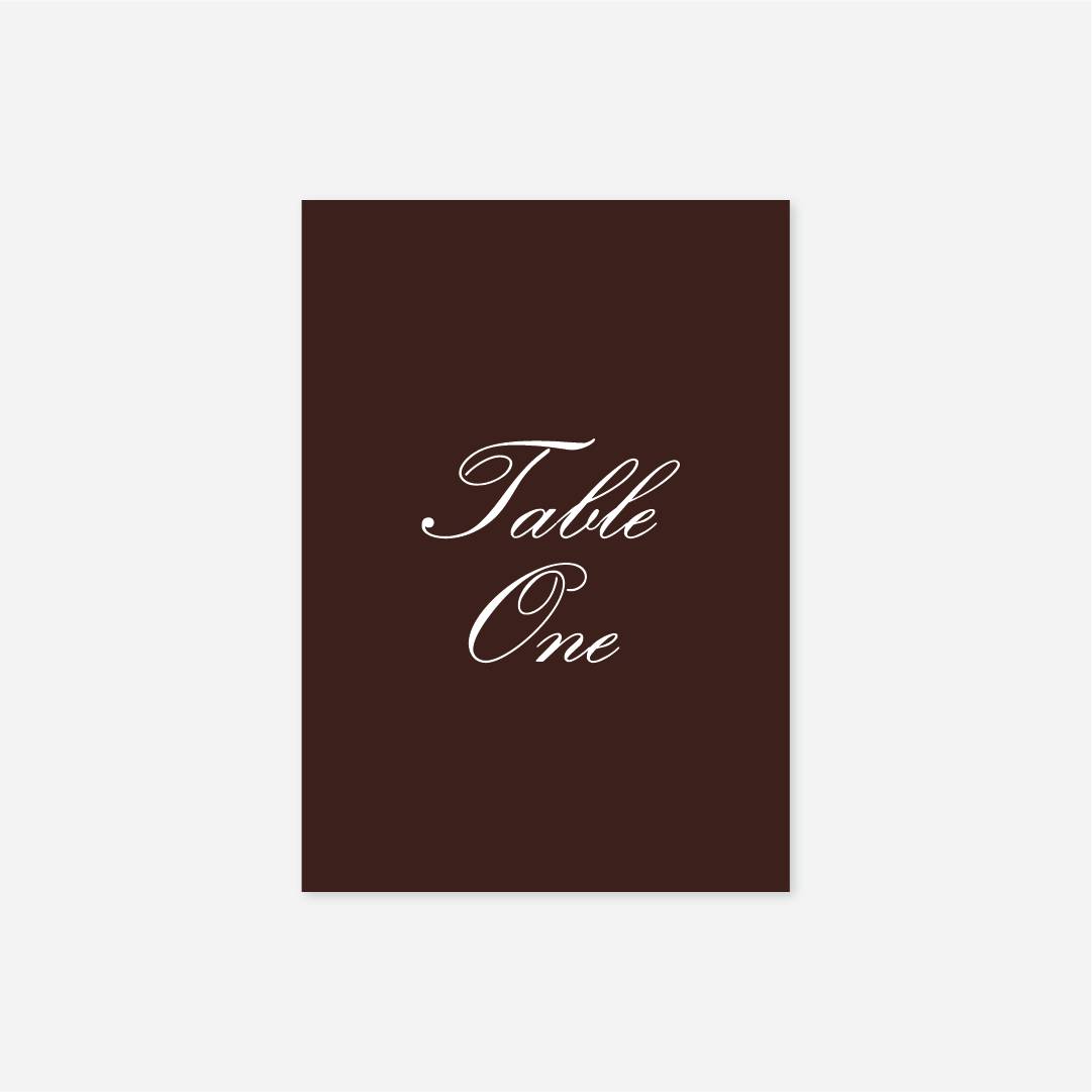 Classic wedding table number wedding stationery in Chocolate — Just Hitched
