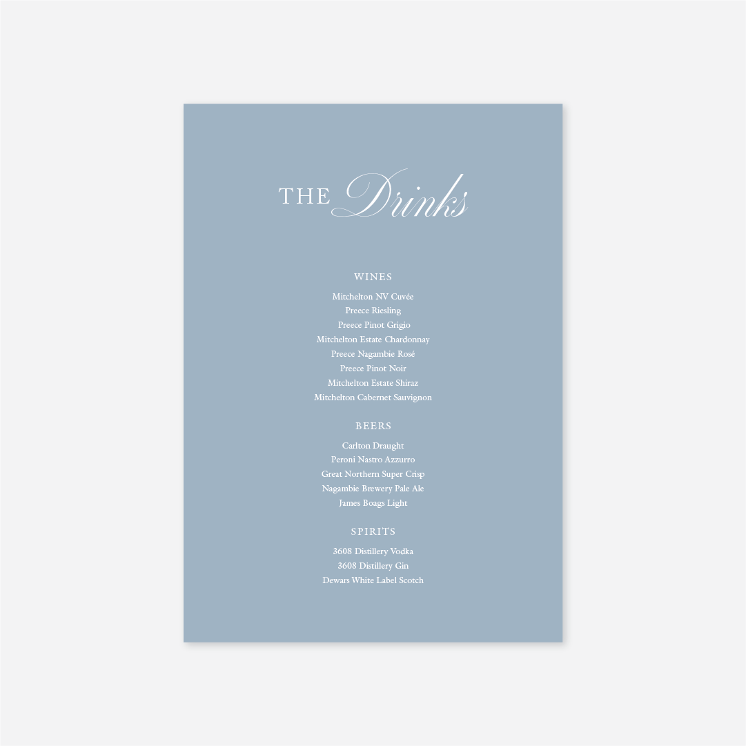 Classic wedding drinks menu wedding stationery in Blue — Just Hitched