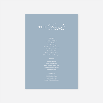 Classic wedding drinks menu wedding stationery in Blue — Just Hitched
