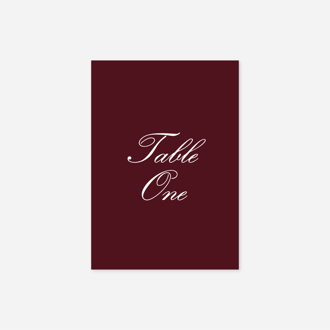 Classic wedding table number wedding stationery in Burgundy — Just Hitched