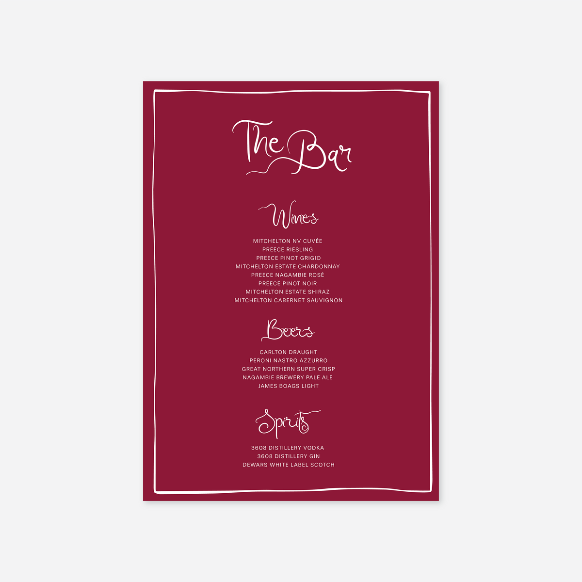 Whimsical wedding bar menu wedding stationery in Cherry — Just Hitched