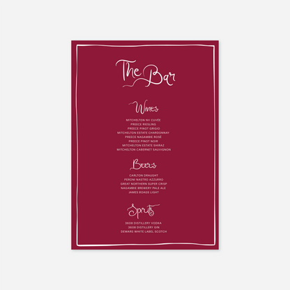Whimsical wedding bar menu wedding stationery in Cherry — Just Hitched