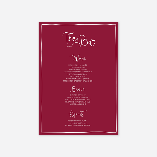 Whimsical wedding bar menu wedding stationery in Sage — Just Hitched