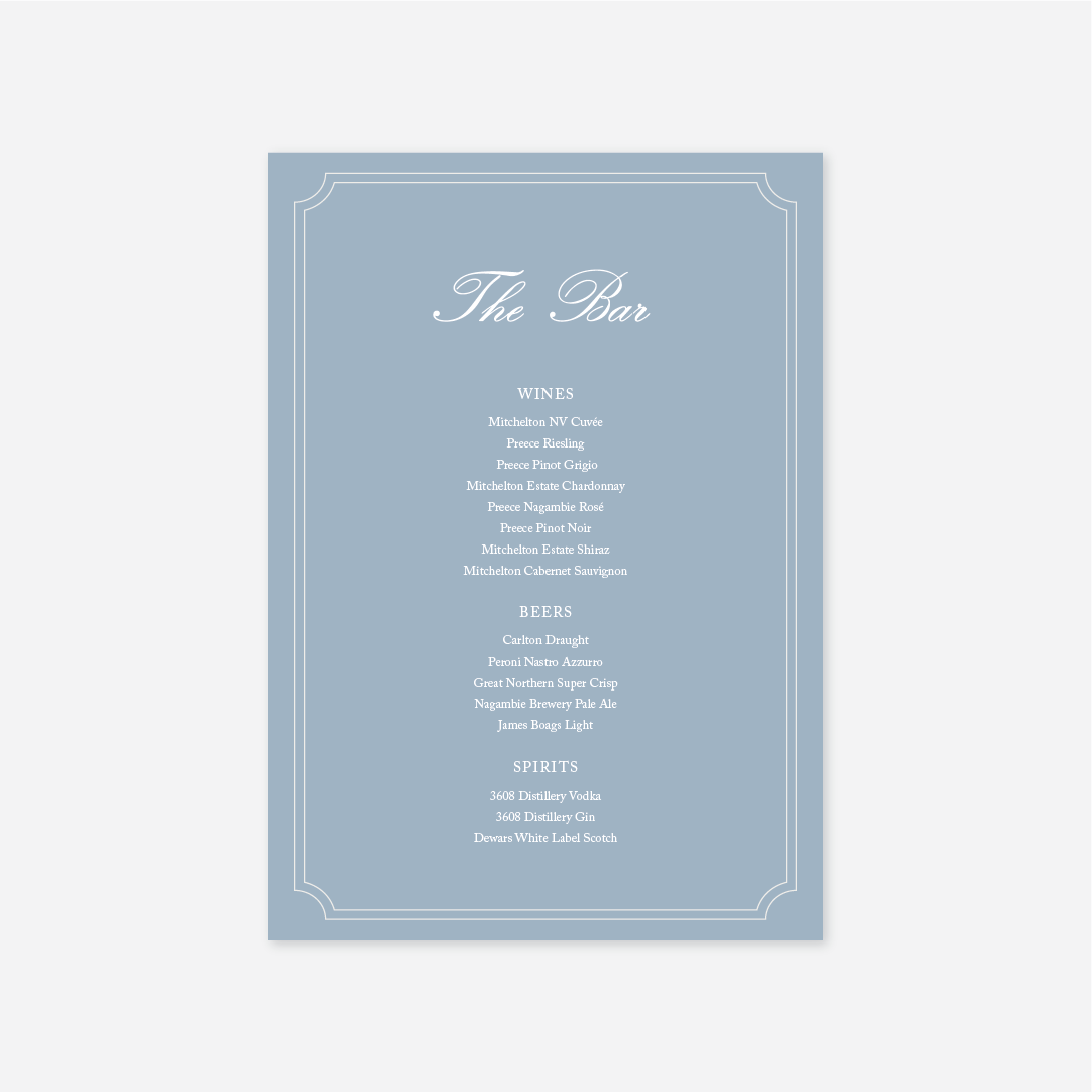 Heritage wedding bar menu wedding stationery in Blue — Just Hitched