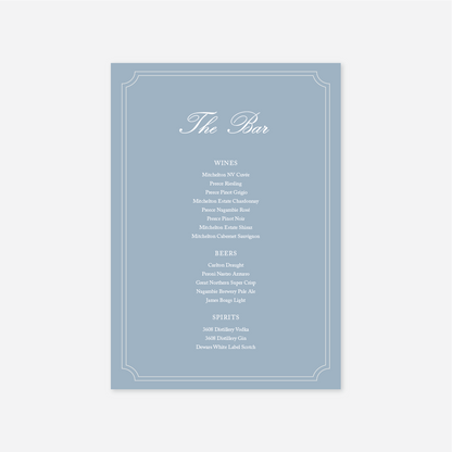 Heritage wedding bar menu wedding stationery in Blue — Just Hitched