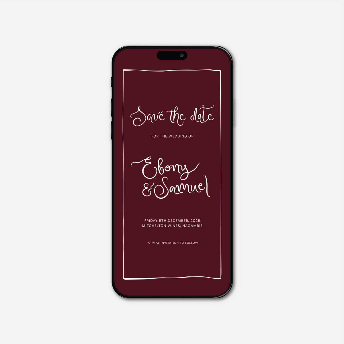 Digital save the date card (Whimsical-style) in Burgundy — Just Hitched