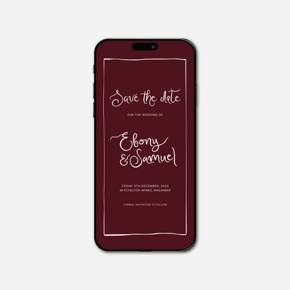 Digital save the date card (Whimsical-style) in Burgundy — Just Hitched