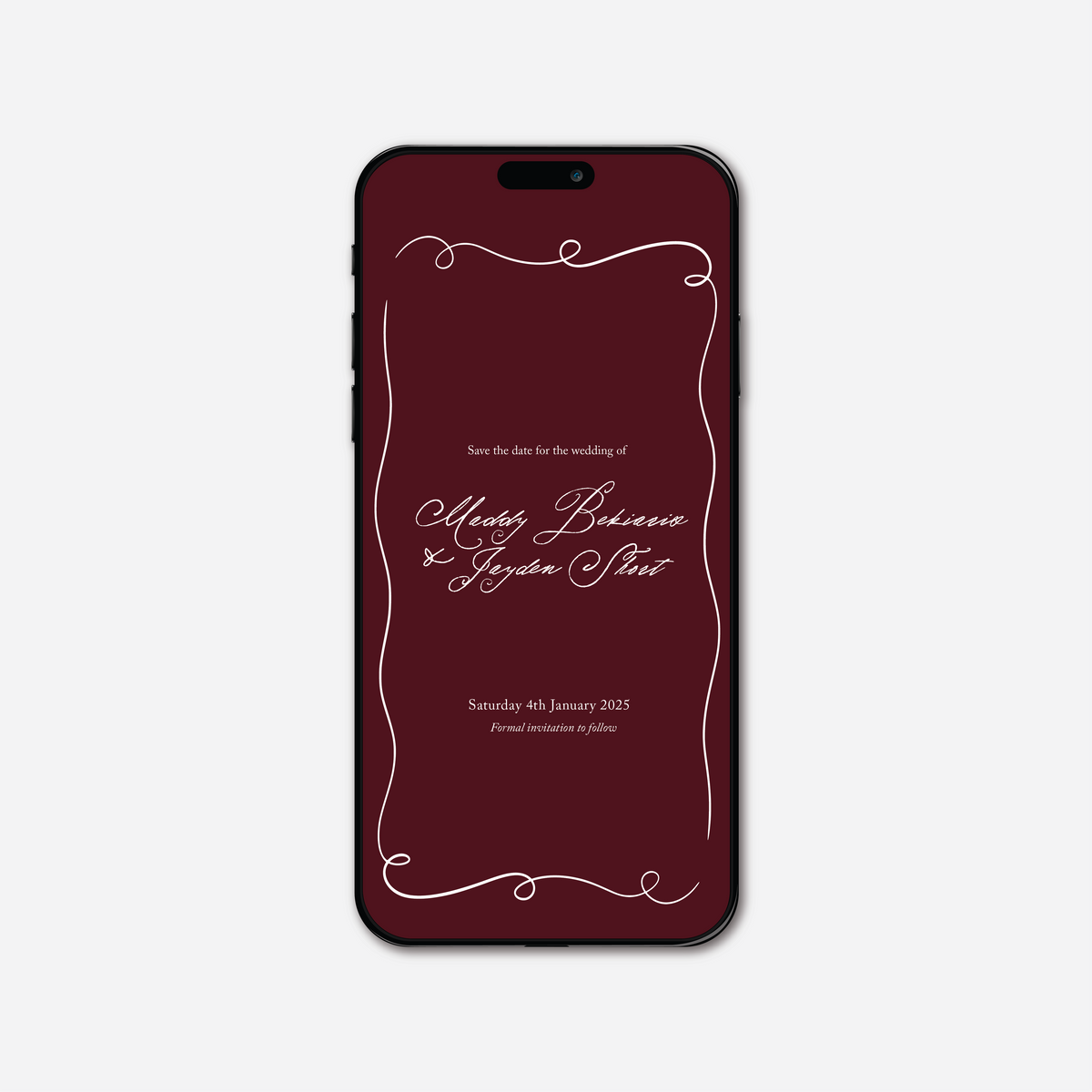 Digital save the date card (Elegance-style) in Burgundy — Just Hitched