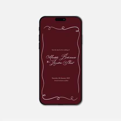 Digital save the date card (Elegance-style) in Burgundy — Just Hitched