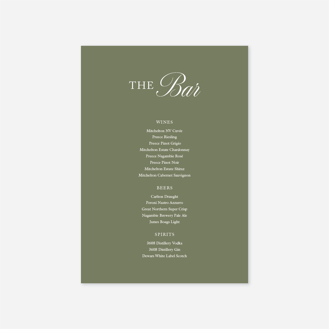 Classic wedding bar menu wedding stationery in Sage — Just Hitched