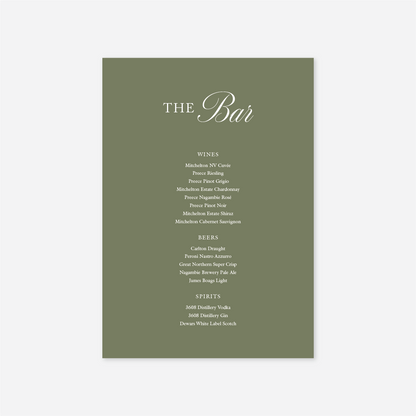Classic wedding bar menu wedding stationery in Sage — Just Hitched